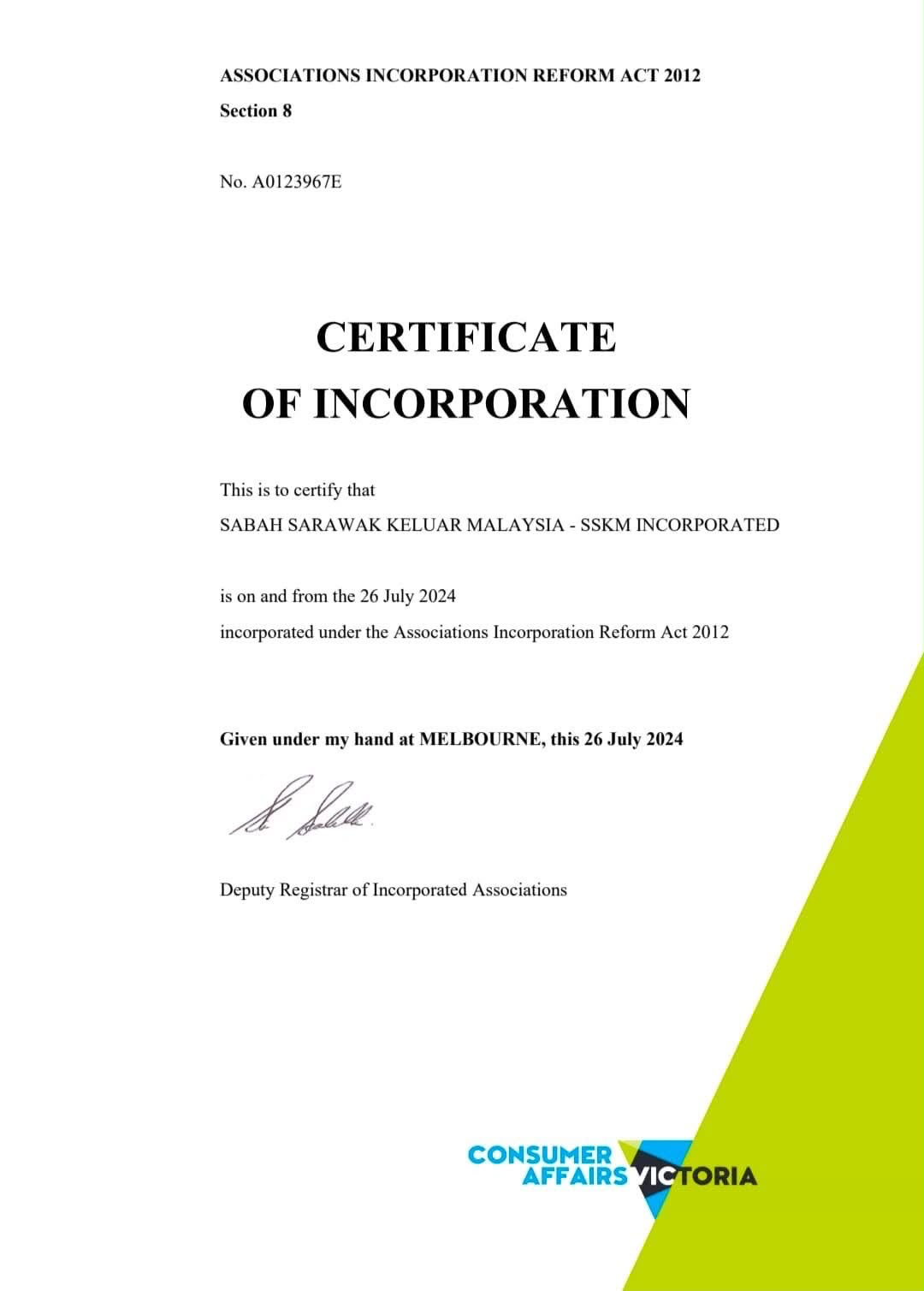 Certificate of Incorporation for SSKM Incorporated, A0123967E, dated 26 July 2024